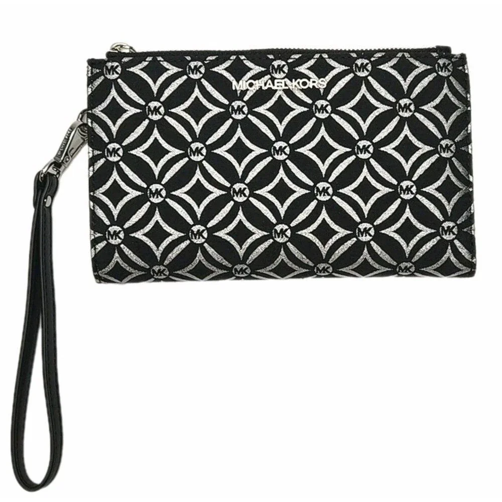 Michael Kors Wristlet Wallet Phone Black Silver Jet Set Double Zip 7.25x4.5